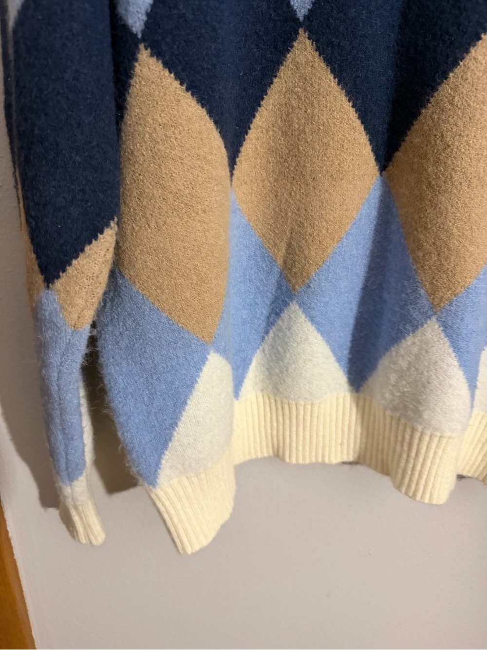 Men's Argyle Crewneck Sweater in Cream, Light Blue & Navy - Picture 8 of 9